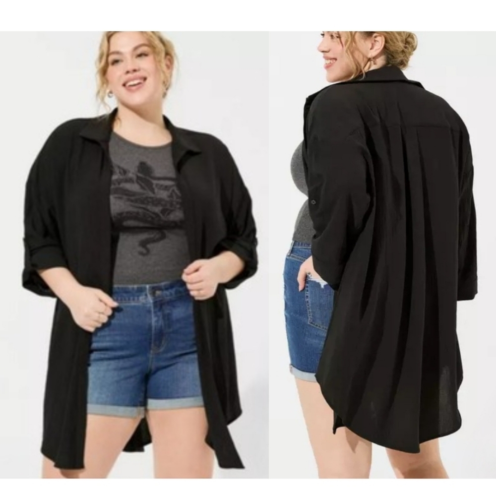 Torrid 5 Black Kimono Top Seersucker Open Oversize Lightweight Roll Tab Cp-1766